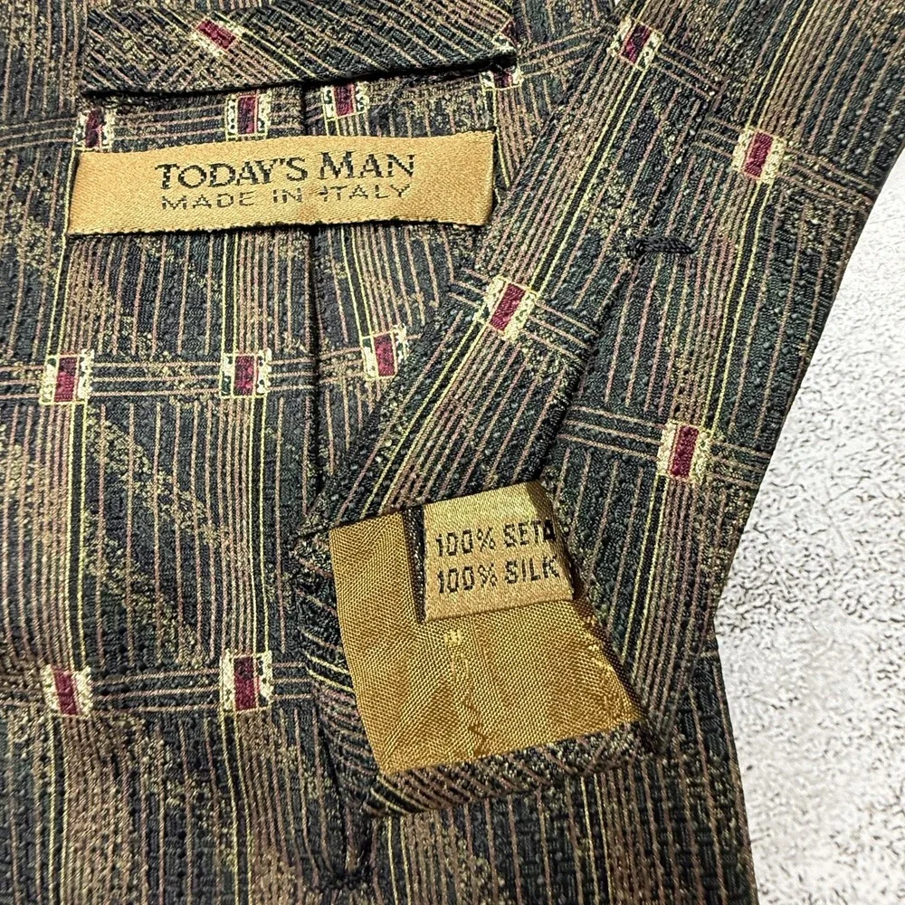 TODAY'S‎ MAN Silk Tie Mens One Size Brown Plaid Jacquard Made In Italy Necktie
